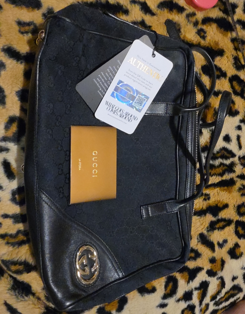Gucci Black Canvas and Leather Shoulder Bag with Gold GG Emblem
